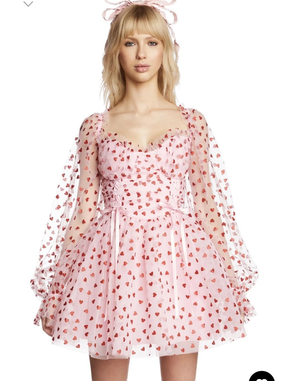 NWT Dolls Kill Sugar Thrillz Pink Sheer Heart-Print Babydoll Dress Medium